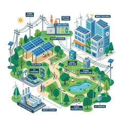 Fototapeta premium Sustainable Smart City Energy Grid with Renewable Power Infrastructure and Battery Storage