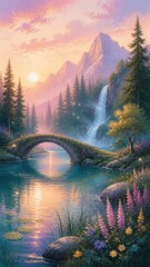 Fototapeta premium Pastel fantasy mountain lake and waterfall mobile wallpaper