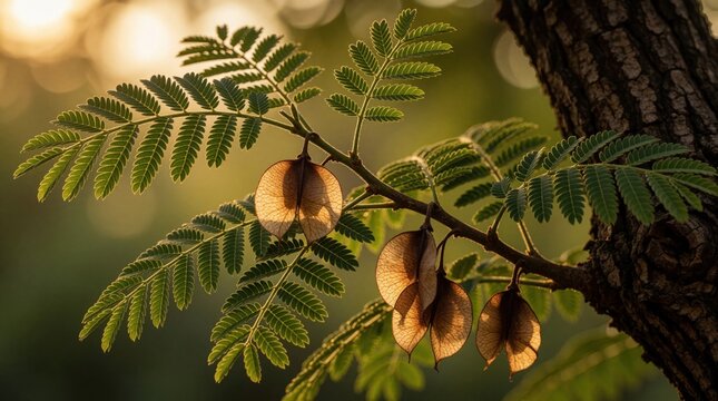 Macro view of Dalbergia Sissoo tree branch with green leaves, brown seed pods. Sunlight shines through organic plant fruits at sunset. Botanical detail shows texture of pods, foliage in forest garden