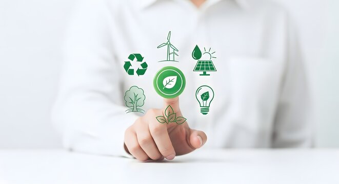 Conceptual Image of a Person Touching Green Energy and Sustainability Icons for Environmental Protection and Eco-Friendly Technology
