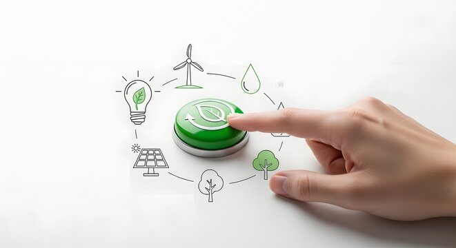 Hand pressing a green eco button surrounded by environmental and renewable energy icons