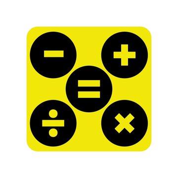 Yellow and Black Calculator Icon with Plus, Minus, Multiply, Divide and Equals Signs.A flat vector Perfect for calculator apps, math education, school materials, accounting and finance graphics mobile