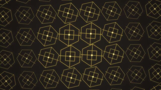 Abstract geometric pattern with golden hexagonal shapes and interconnected crosshairs on a dark background golden lines modern design vector graphics digital art symmetrical pattern