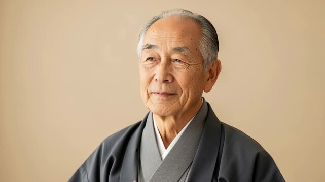 Elderly Japanese Man in Kimono: A dignified elderly Japanese man, with kind eyes and a gentle smile, wears a traditional kimono, exuding wisdom and cultural heritage in a warm.