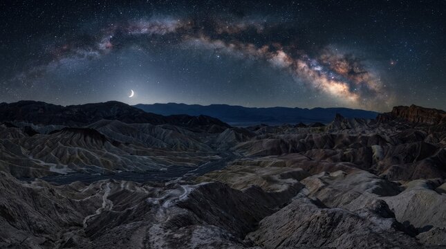Milky Way galaxy over desert canyon landscape at night.