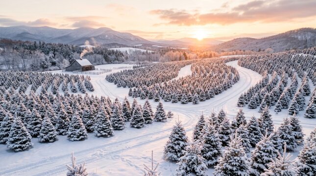 Snowy Christmas tree farm with cabin at sunset glow.