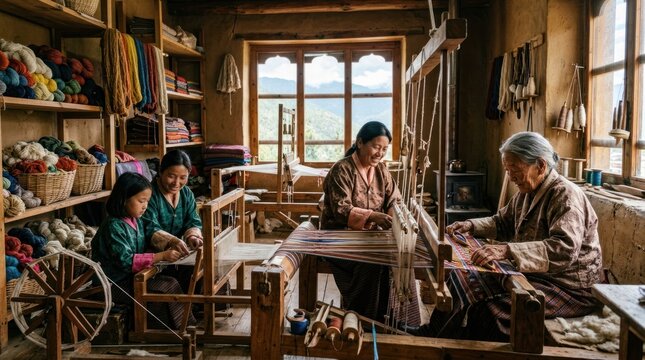 Traditional artisans weaving fabric on large wooden hand looms.