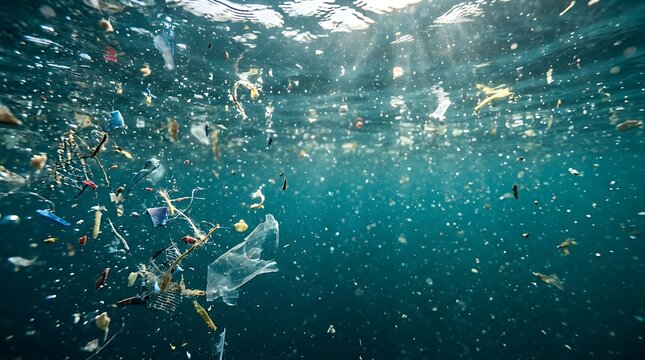 Pollution from plastic waste floats beneath the surface of the open ocean.