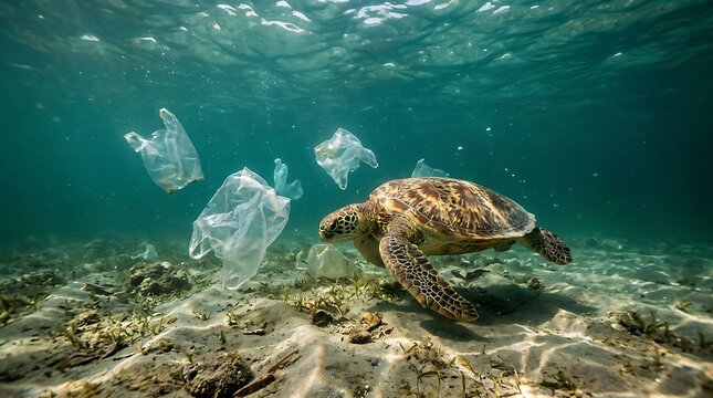 Sea turtle swimming near plastic pollution floating in the ocean water.