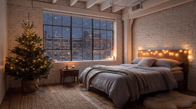 Decorated Christmas tree beside a bed in a snowy loft bedroom. Holiday bedroom interior with city snow visible through large windows. Christmas decor and winter season.