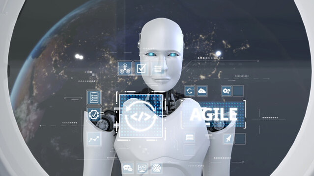 A futuristic humanoid robot displays a holographic interface, emphasizing agile software development in a dynamic, high-tech environment with earth visible in the background. Synapse