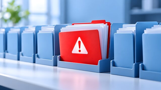 Row of blue office file folders with one red folder featuring warning alert triangle highlighting urgent business risk or compliance issue
