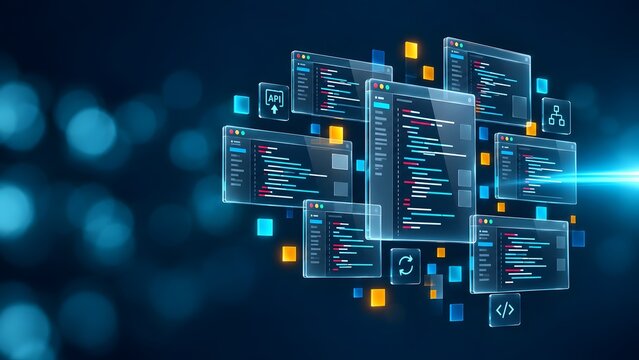 Futuristic Holographic Floating Screens Displaying Software Code and API Integration in Digital Cyberspace