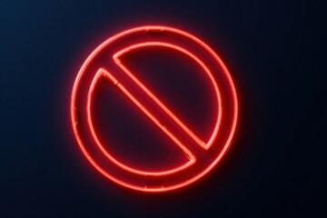 Plakat Red neon prohibition sign glows on dark navy blue background. Bright forbidden symbol shows stop warning ban alert. Electric light creates no entry sign for restricted area. Modern graphic design for