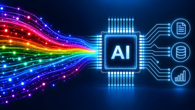 Artificial intelligence microchip processing colorful data streams into organized digital documents and analytics icons illustrating automated workflow