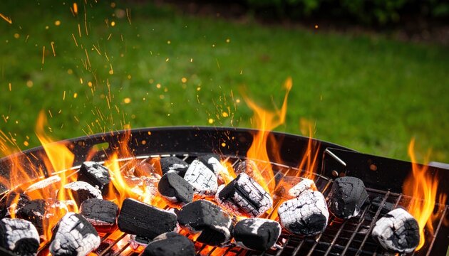 Barbecue Grill with Burning Charcoal Coals and Rising Sparks
