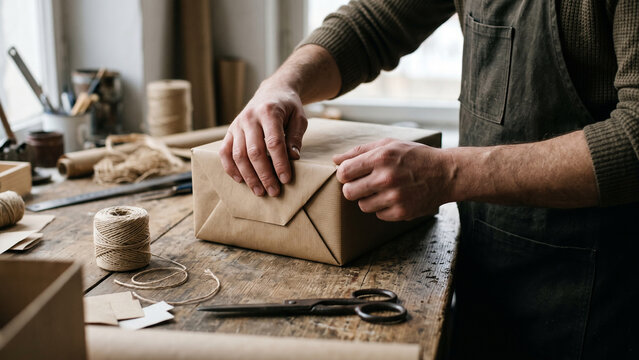 Hands wrapping gift box with kraft paper and jute twine on rustic wooden table