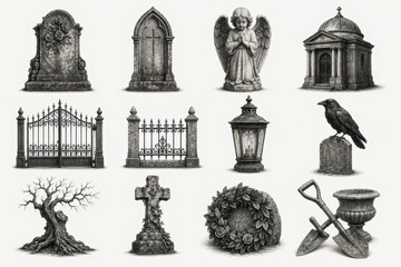Fototapeta premium Vintage cemetery symbols, gravestones, angel, raven, gates