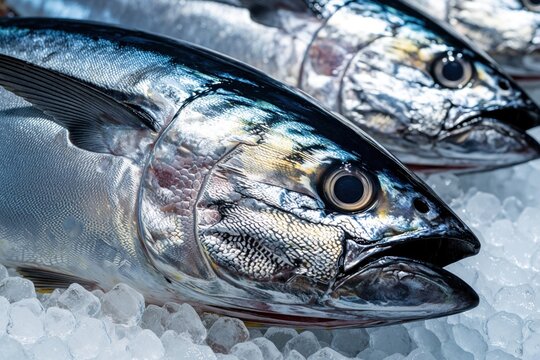 Close up of fresh raw tuna fish on crushed ice at seafood market. Large silver mackerel tuna heads display shiny skin, scales. Cold seafood product ready for sale in retail shop fishmonger stall for
