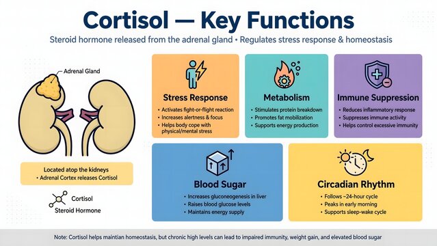 Educational infographic explaining cortisol hormone key functions, stress response, and human body metabolism.