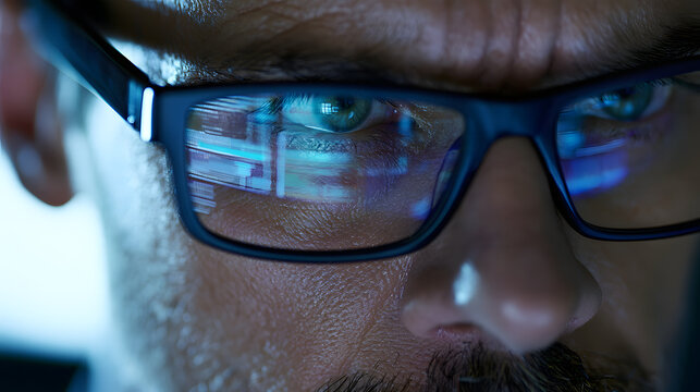 close-up view of a focused businessman wearing computer glasses to reduce eye strain. Blurred vision looking at a computer screen with a computer reflection. Using the internet, reading, watching, wor