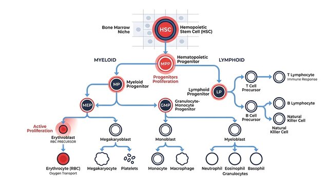 Detailed scientific diagram illustrating hematopoiesis and blood cell differentiation from stem cells.