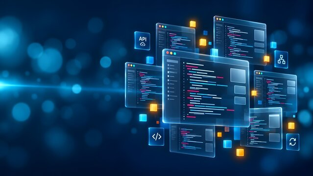 Holographic display of programming code syntax and application development interfaces floating in blue cyberspace