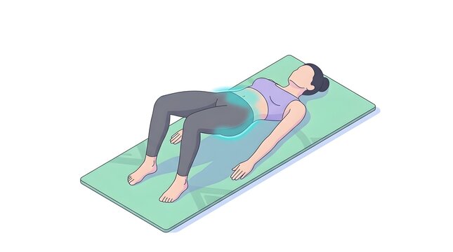 Woman doing glute bridge exercise on a yoga mat with anatomical highlight.