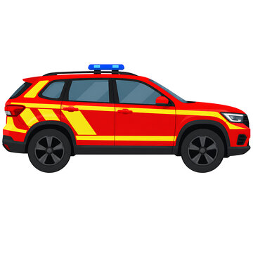 Red emergency rescue SUV vehicle illustration with yellow stripes and blue siren light.