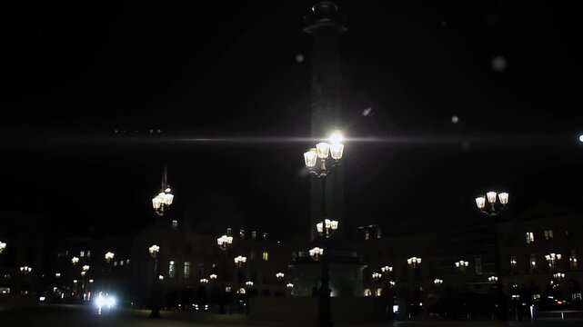 Night View of Place Vendome in Paris with Illuminated Vintage Street Lanterns - 4K