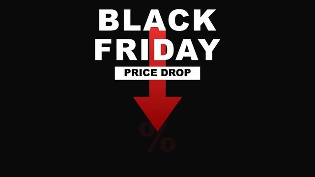 Black Friday Price Drop Motion Graphic with Red Downward Arrow and Percent Sign on Black Background