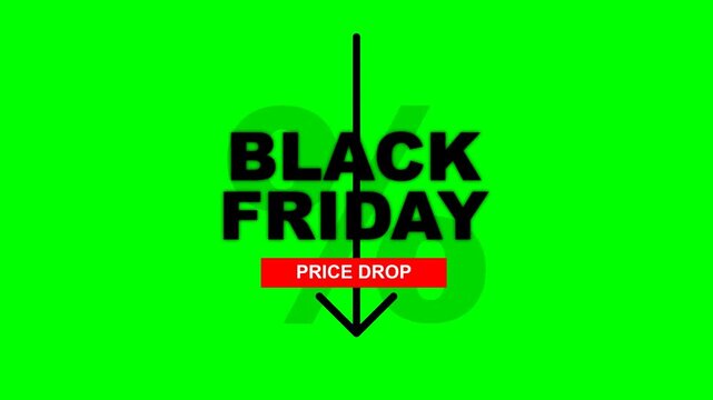 Black Friday Price Drop Animation with Downward Arrow and Percent Sign on Green Screen Background