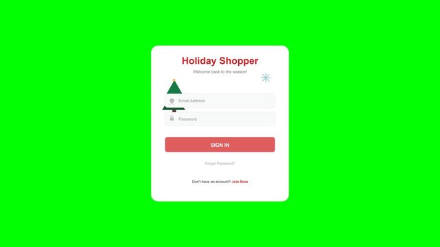 Holiday Shopper Online Store Login Interface with Christmas Theme Decorations on Green Screen Background