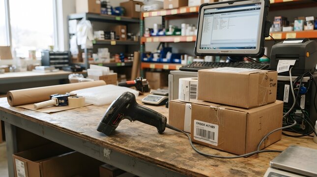 A barcode scanner sits on a wooden workbench surrounded by cardboard shipping boxes with computer terminal warehouse