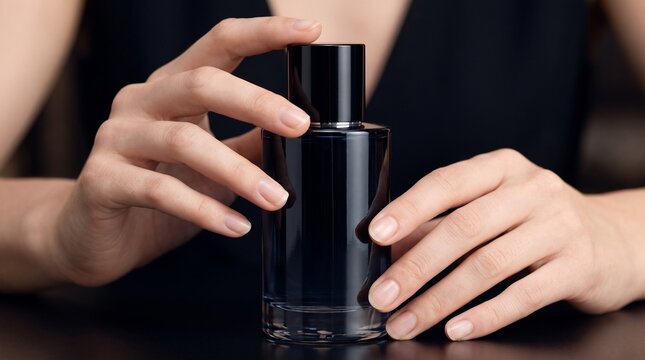 Luxury Perfume Product Mockup Woman Hands Touch Glossy Dark Glass Fragrance Spray Bottle