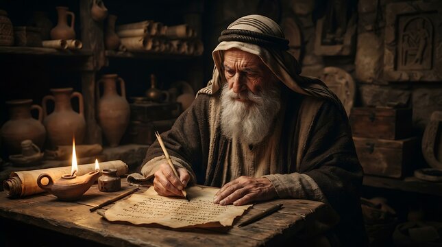 Elderly scribe writes ancient manuscripts by candlelight.