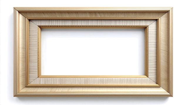 A rectangular empty golden frame with a textured interior and a smooth outer edge, perfect for displaying artwork or photographs