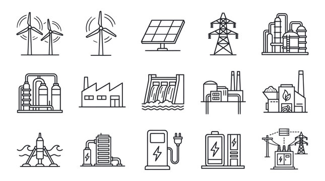 Set of outline icons representing various energy sources and industrial power generation.