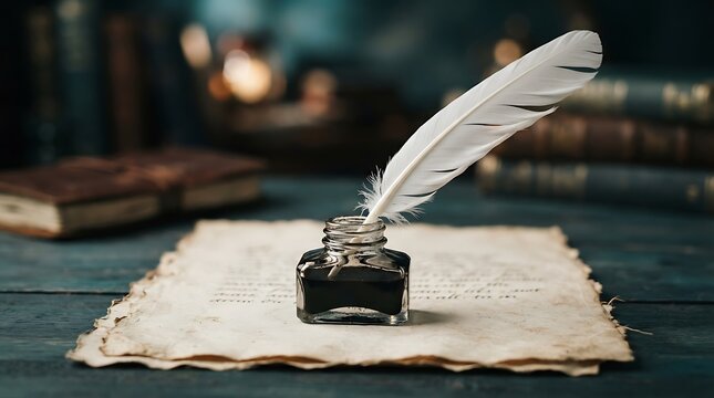 Vintage feather quill rests inside a glass inkwell on paper.