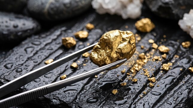 Gold nugget held with metal tweezers on dark wet slate. Precious metal mining and investment concept showing valuable mineral discovery and wealth accumulation.
