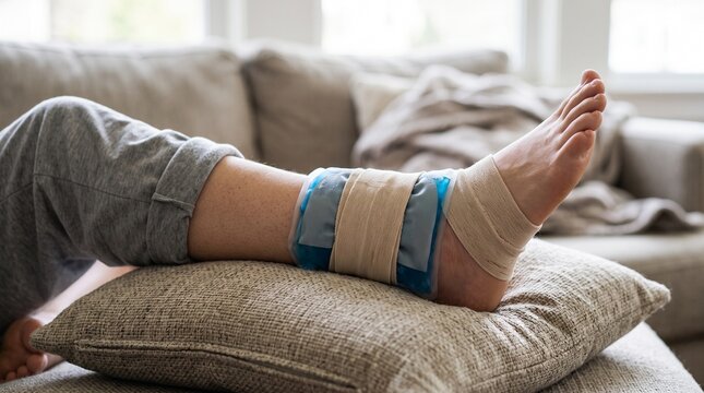 Person resting injured ankle with ice pack and bandage on cushion