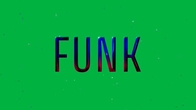 Animation of funk text in shiny blue and pink letters, with floating dots on transparent background