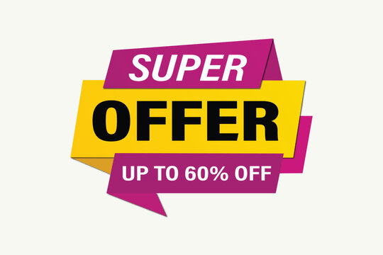 Super offer banner with sixty percent discount text, vibrant yellow and purple geometric ribbon shape, isolated on white background