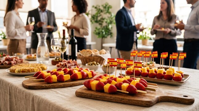 Catering buffet table with Spanish flag fruit skewers and tapas appetizers. Corporate networking party with finger food and drinks for international business events and celebrations.