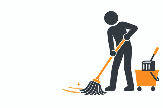 Faceless pictogram person mopping the floor with a string mop beside an orange mop bucket with a wringer