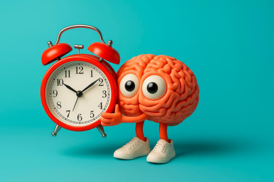 Cute brain character holding a red alarm clock on a teal background