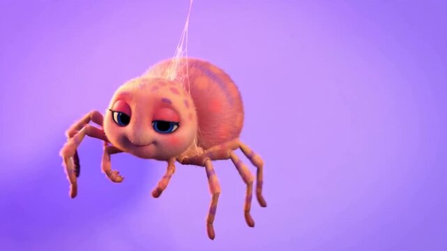 Cute Friendly Spider Character Swinging Gently from a Silk Thread