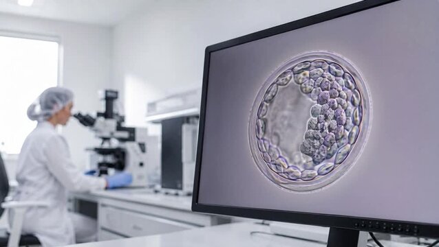 Embryologist views IVF blastocyst on the monitor in a fertility laboratory. Reproductive medicine and infertility research focus on embryo development, fertilization, conception and female healthcare.