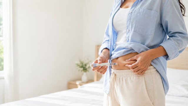 Woman giving IVF hormone injection in abdomen at home for fertility treatment, reproductive medicine and ovarian therapy