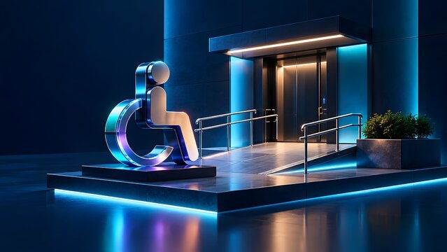 Modern building entrance with glowing wheelchair symbol and accessible ramp representing inclusive architecture and facility accessibility